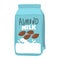 Isolated almond milk in paper package with liquid splash and nuts, natural drink branding on carton container with lid