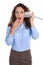 Isolated amazed funny business woman calling with tin can phone.