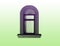 An isolated arched window and massive window sill in purple grey colour on green white iridescent wall  background.