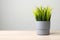 Isolated artificial potted bush on wooden table