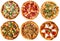 Isolated assorted fresh baked pizza menu collage