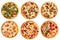 Isolated assorted of pizzas collage menu design