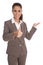 Isolated attractive business woman with thumbs up and palm gesture.