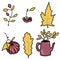 Isolated autumn things: leaves, watering can, pumpkin, oak leaf, maple leaf, cherry