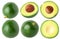 Isolated avocado collection. Different shapes of avocado isolated on white background with clipping path.