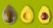 Isolated avocado on green background. Whole avocado fruit and two halves in a row, isolated on a green background, in large size