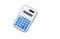 Isolated basic calculator for kids on white background, flat image, cute calculator with a solar cell, white body color, blue