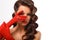Isolated Beauty Fashion Glamorous Model Girl Portrait. Vintage Style Mysterious Woman Wearing Red Glamour Gloves.