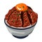 Isolated beef steak rice bowl,Donburi, Japanese meat grill with egg York on top anime menu,