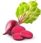 Isolated Beetroots. Whole, half and slices of beetroots with leaves isolated on white background with clipping path.