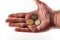 Isolated big hand with euro coins