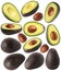 Isolated black avocado. Collection of whole avocado fruit and halves with seeds isolated on white background with clipping path.