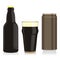 isolated black beer bottle, glass and can