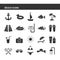Isolated black collection icon of cocktail, badminton, flippers, hat, jet ski, sunglasses, shell, sailboat, anchor, ring rubber, p