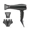 Isolated black hair dryer. Realistic 3d art of hairdresser tools. Fashion salon equipment. Hairstyler girl accessory