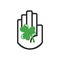 Isolated black line hand symbol holding lucky green Shamrock leaf icon on white