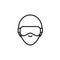 Isolated black line icon of head of skier or snowboarder in mask and helmet on white background. Outline head with protection.
