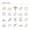 Isolated black outline collection icons of croissant, bread, cake, ear wheat, chef, mill, cup, cupcake, pretzel, sack flour, chall