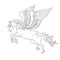 Isolated black outline galloping, jumping pegasus on white background. Side view of horse with wings. Curve lines. Page of colorin