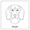 Isolated black outline head of beagle on white background. Line cartoon breed dog portrait.