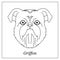 Isolated black outline head of brussels, belgian griffon on white background. Line cartoon breed dog portrait.