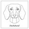 Isolated black outline head of dachshund on white background. Line cartoon breed dog portrait.