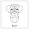 Isolated black outline head of german boxer on white background. Line cartoon breed dog portrait.