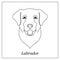 Isolated black outline head of happy labrador retriever on white background. Line cartoon breed dog portrait.