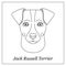 Isolated black outline head of jack russell terrier on white background. Line cartoon breed dog portrait.
