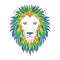 Isolated black outline head of lion with iridescent mane on white background. Rainbow line cartoon king of animals portrait. Curve