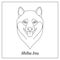 Isolated black outline head, portrait of shiba inu on white background. Happy dog. Curve lines. Page of coloring book