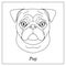 Isolated black outline head of pug dog, mops on white background. Line cartoon breed dog portrait.