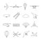 Isolated black outline hydroplane, airplane, parachute, helicopter, propeller, hang-glider, dirigible, paraglide, balloon. Set of