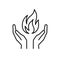 Isolated black outline icon of flame in hands on white background. Line icon of fire and hands. Symbol of healing