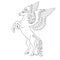 Isolated black outline rearing pegasus on white background. Side view of horse with wings. Curve lines. Page of coloring book.