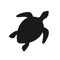 Isolated black silhouette of marine green turtle on white background. Top view. View from above