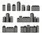 Isolated black and white color skyscrapers and low rise houses in lineart style icons collection, cityscape of