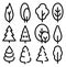 Isolated black and white color trees illustrations. Lineart style vector forest icon and logo set. Park and garden flat