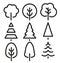 Isolated black and white color trees in lineart style set, forest,park and garden flat signs collection.
