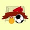 Isolated Blank Ribbon With 3D Soccer Ball, Gold Medal, Whistle And Goal Net On Yellow Background For Football Championship