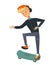 Isolated blonde guy skating and trying to flip a skateboard. flat vector skater illustration of a man wearing blue sportswear.