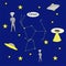 Isolated on blue drawing aliens, space, constellations Orion and flying saucers hand-drawing, vector