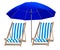 Isolated blue umbrella and two loungers on the background