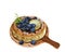 Isolated blueberry Japanese chiffon cake on a wooden plate with white background.