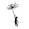 Isolated boy flying on dandelion seed. Dream scene. Black silhouette of fantasy adventure
