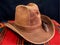 Isolated brown explorer or cowboy hat with feathers on Native American style blanket