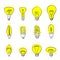 Isolated Bulbs of different types hand drawn doodle bulb set fluorescent, filament, halogen, diode and other illumination electric