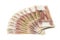 Isolated bundle of five thousand Russian ruble banknotes in the form of a fan on a white background