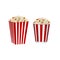 Isolated cardboard containers of popcorn. Red and white striped popcorn buckets