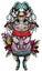 Isolated cartoon character in full growth, small cute Christmas cow with big eyes and ears, with horns - lollipops and garland, in